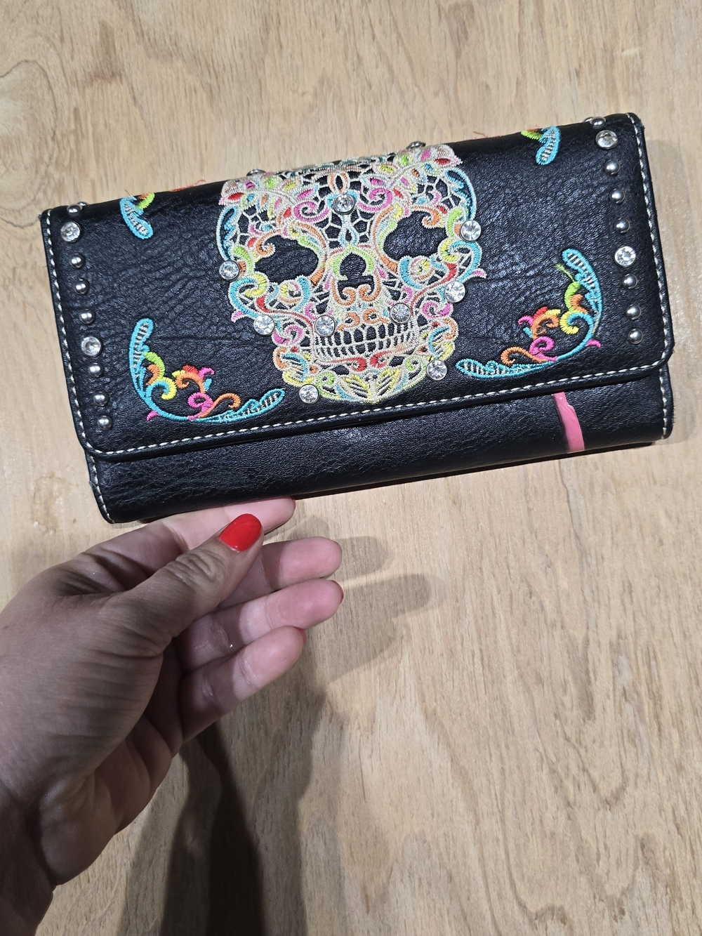 Montana West Black Embroidered Sugar Skull Wallet with Multicolor Accents